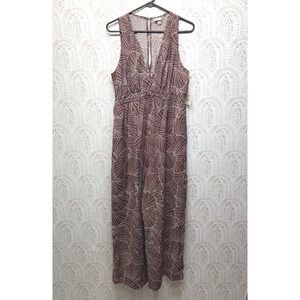 A New Day Jumpsuit Women Large Brown Shell Print Sleeveless Wide Leg Pockets NEW